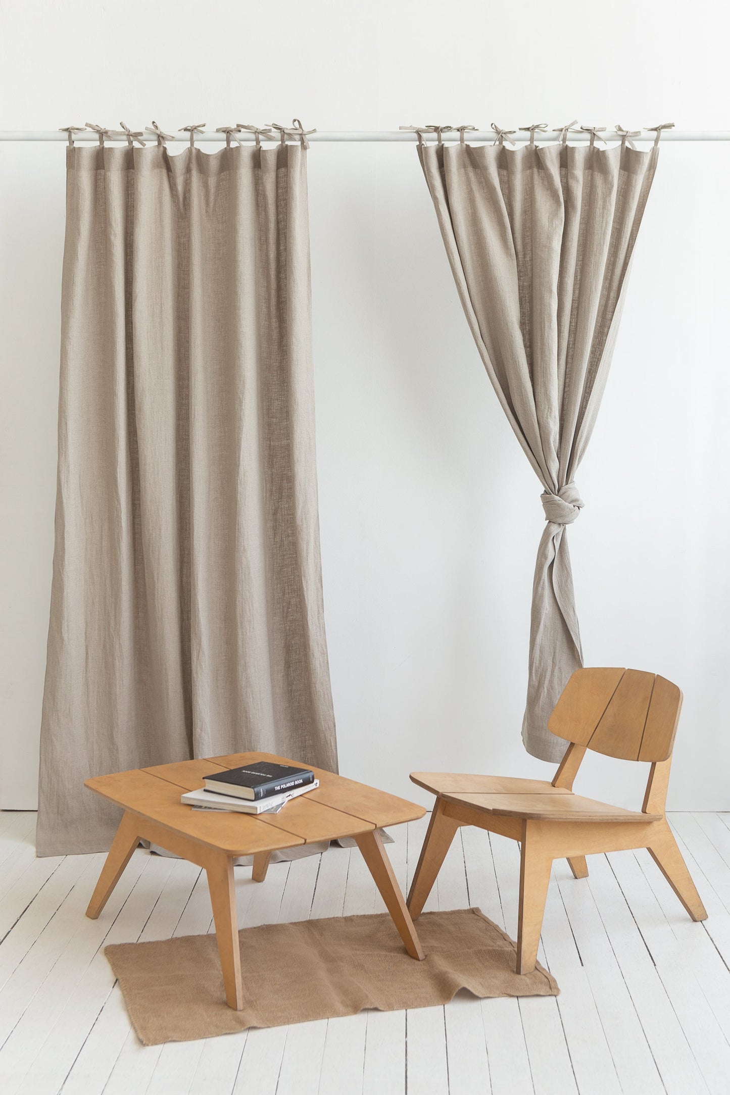 Natural linen curtain with tie top
