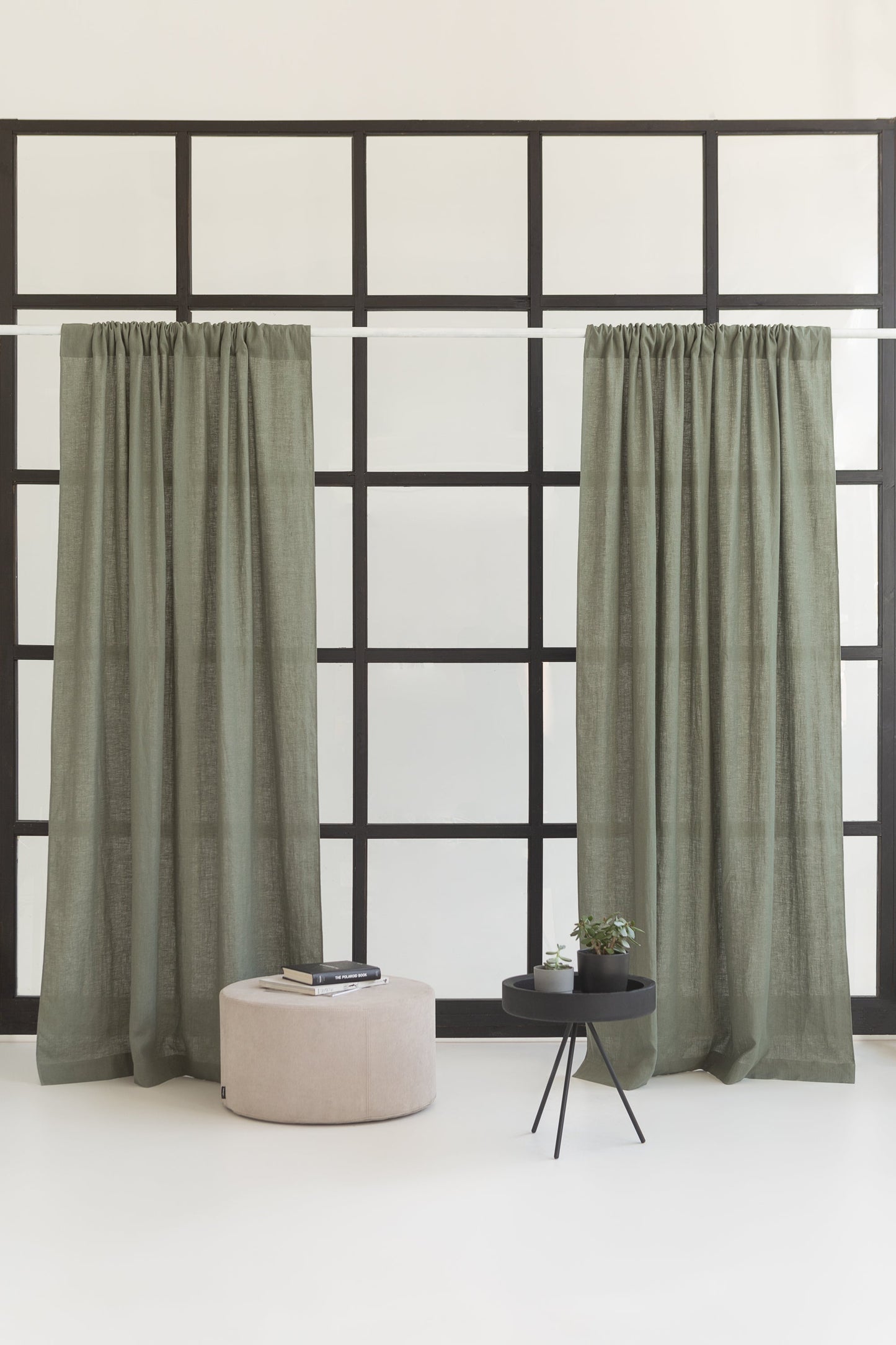 Safari Green linen curtain with rod pocket