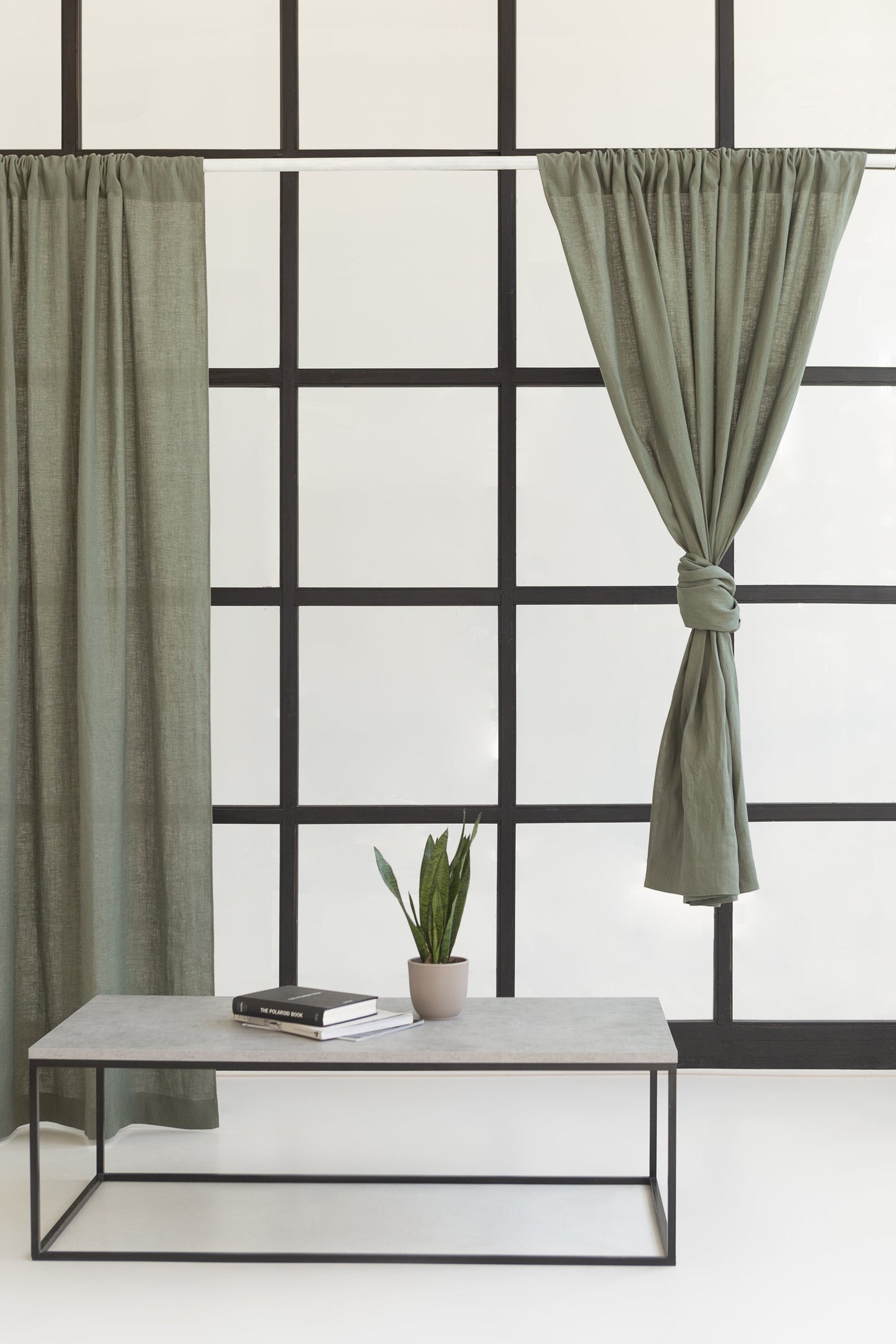Safari Green linen curtain with rod pocket