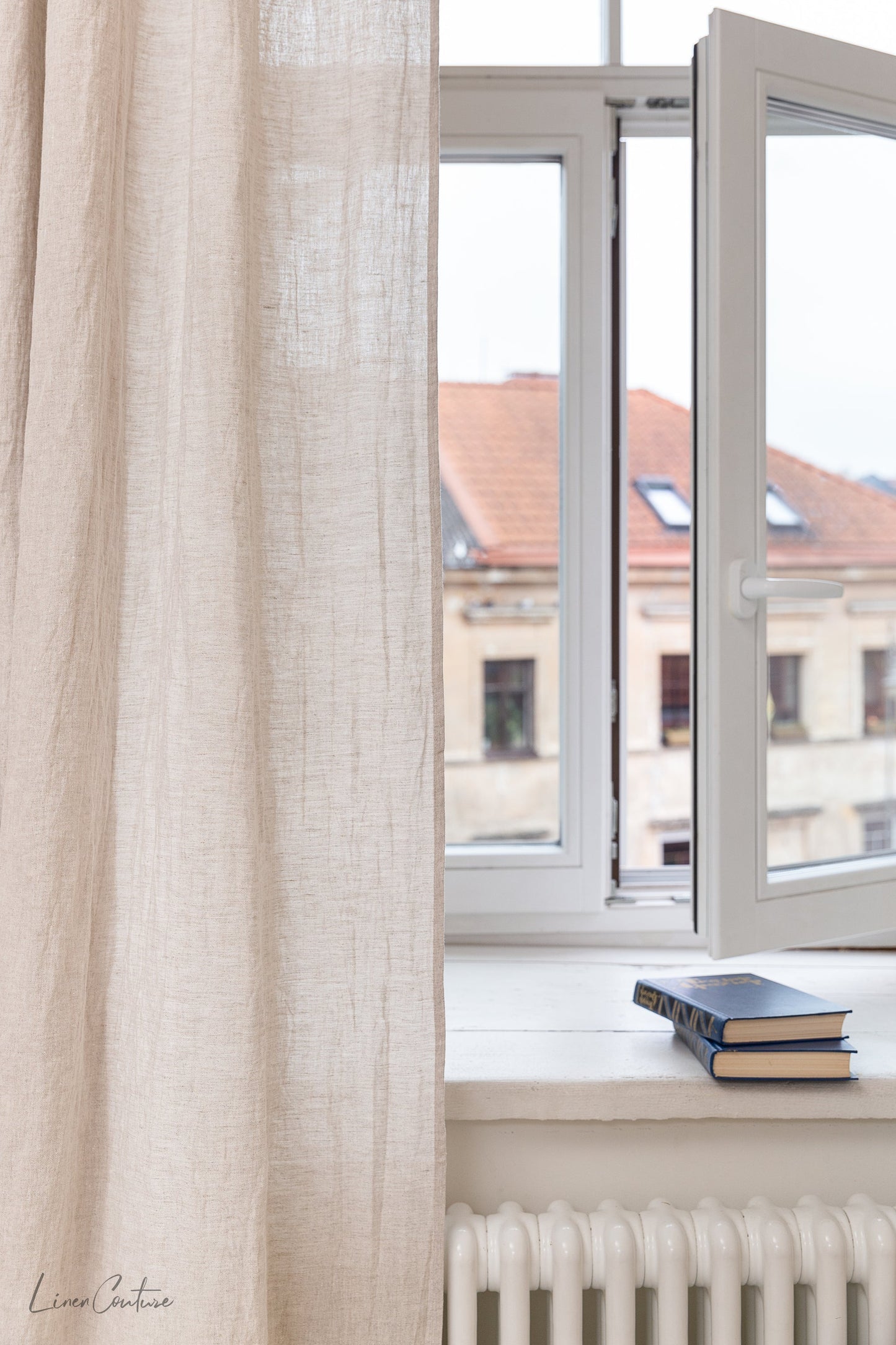 Extra Wide Natural Light Linen Curtain Panel with heading tape