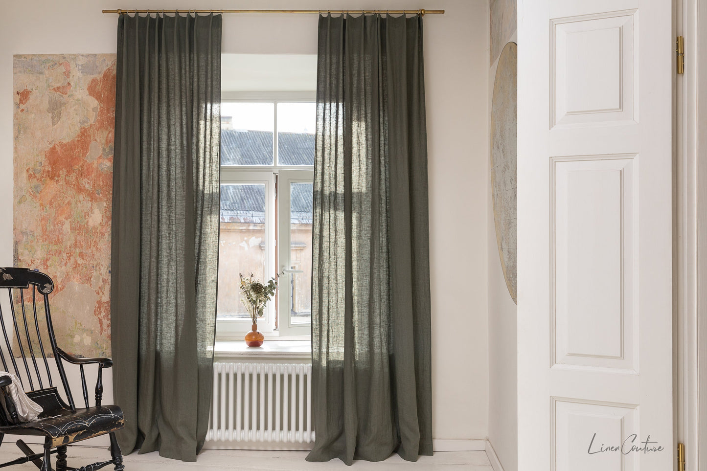 Linen curtain with pleating tape and crown in Safari green
