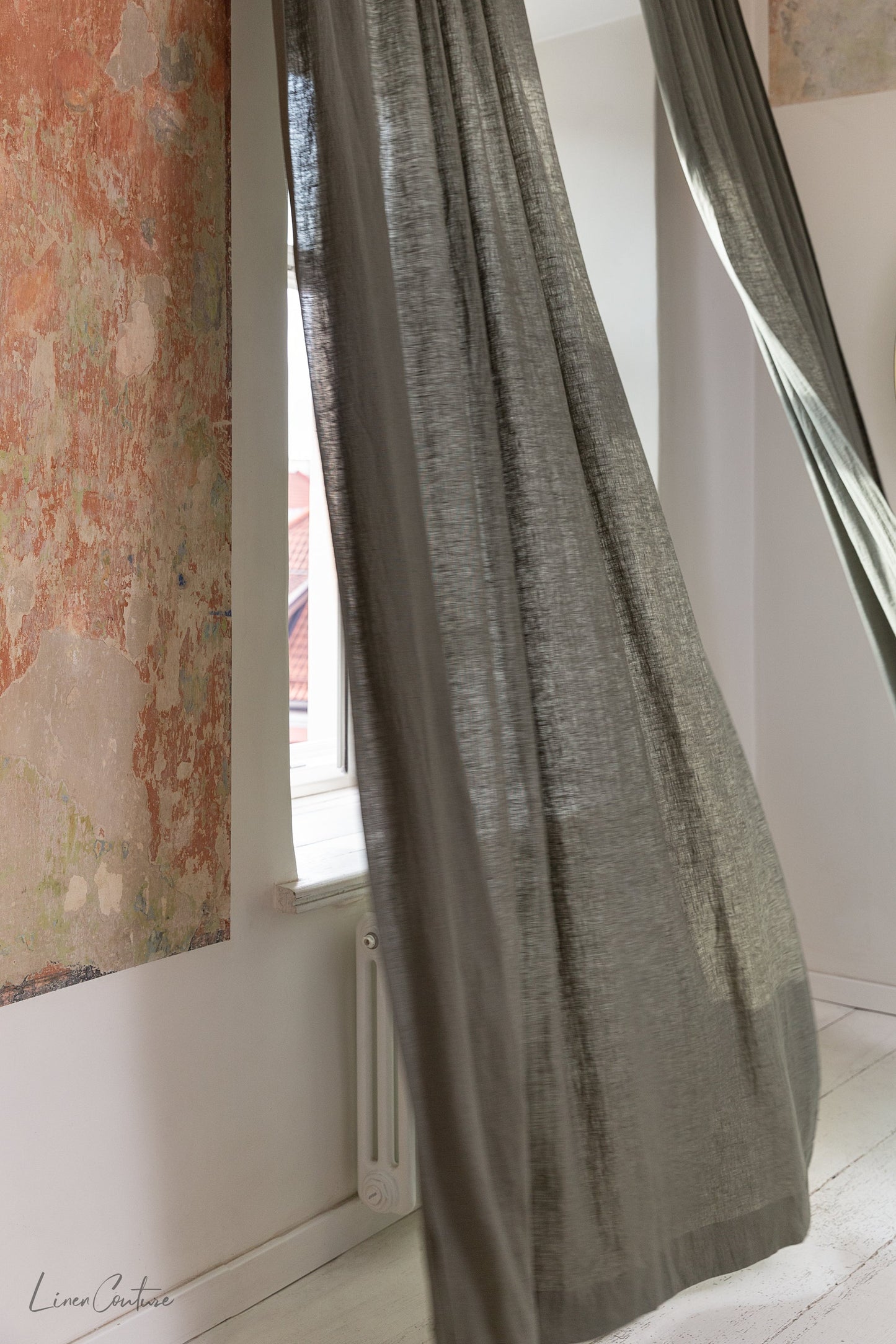 Moss Green linen curtain with rod pocket