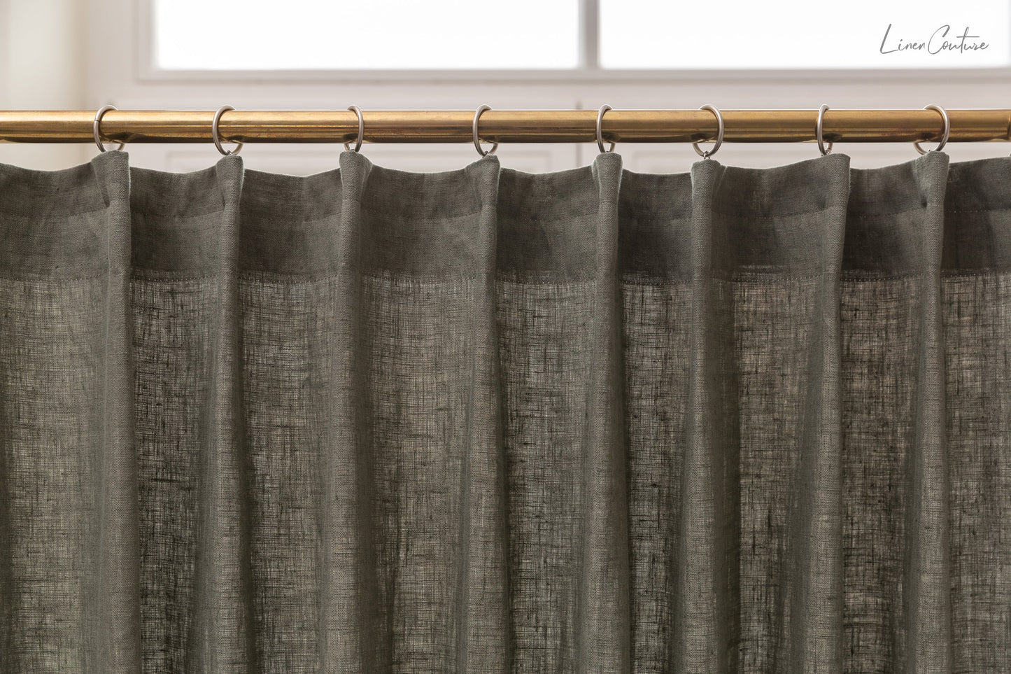 Linen curtain with pleating tape and crown in Safari green