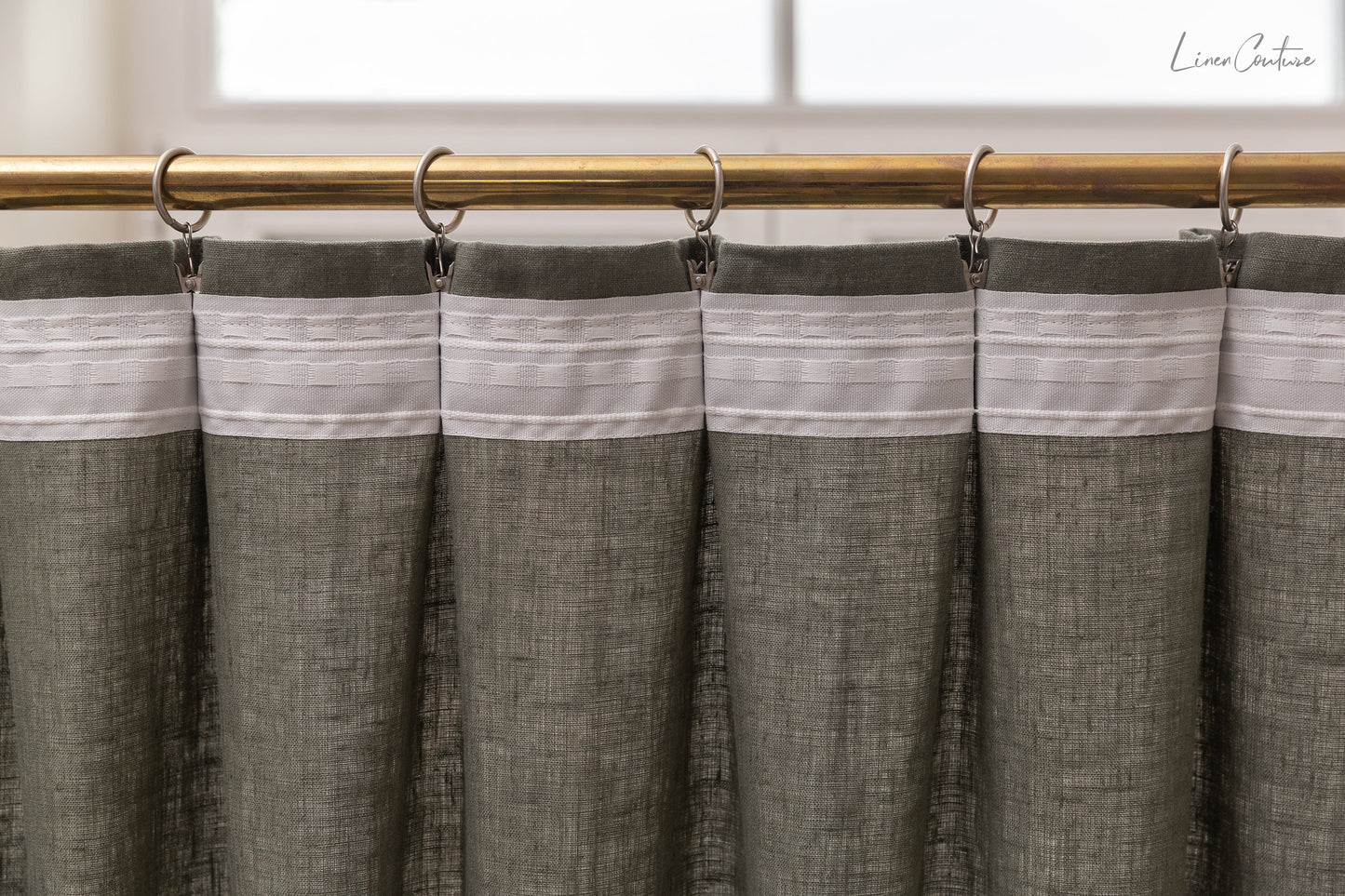 Linen curtain with pleating tape and crown in Safari green