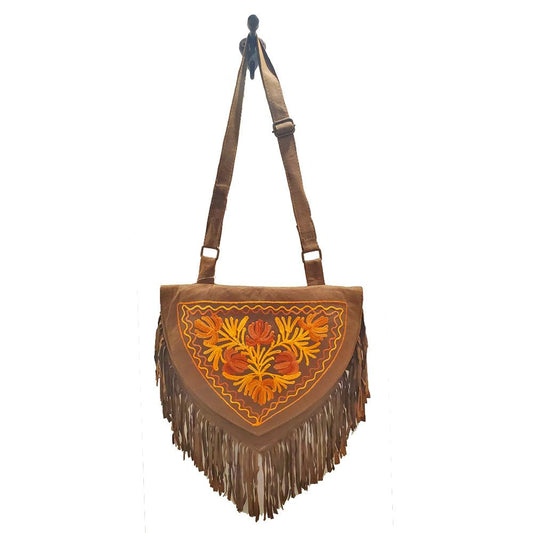 Kashida Embroidery of Bihar Suede Purse with Fringe Tassel Shoulder