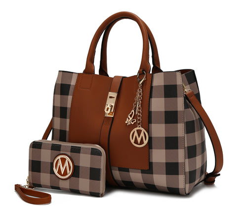 Yuliana Checkered Satchel Bag with Wallet Vegan Leather Women