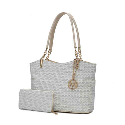 Savannah M Logo Printed Vegan Leather Women Tote and Wristlet Wallet