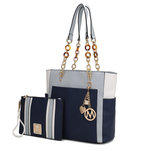 Rochelle Vegan Color Block Vegan Leather Women Tote Bag with Wristlet