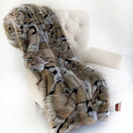 Taupe and Black Wild Wolf Plush Handmade Luxury Faux Fur Throw