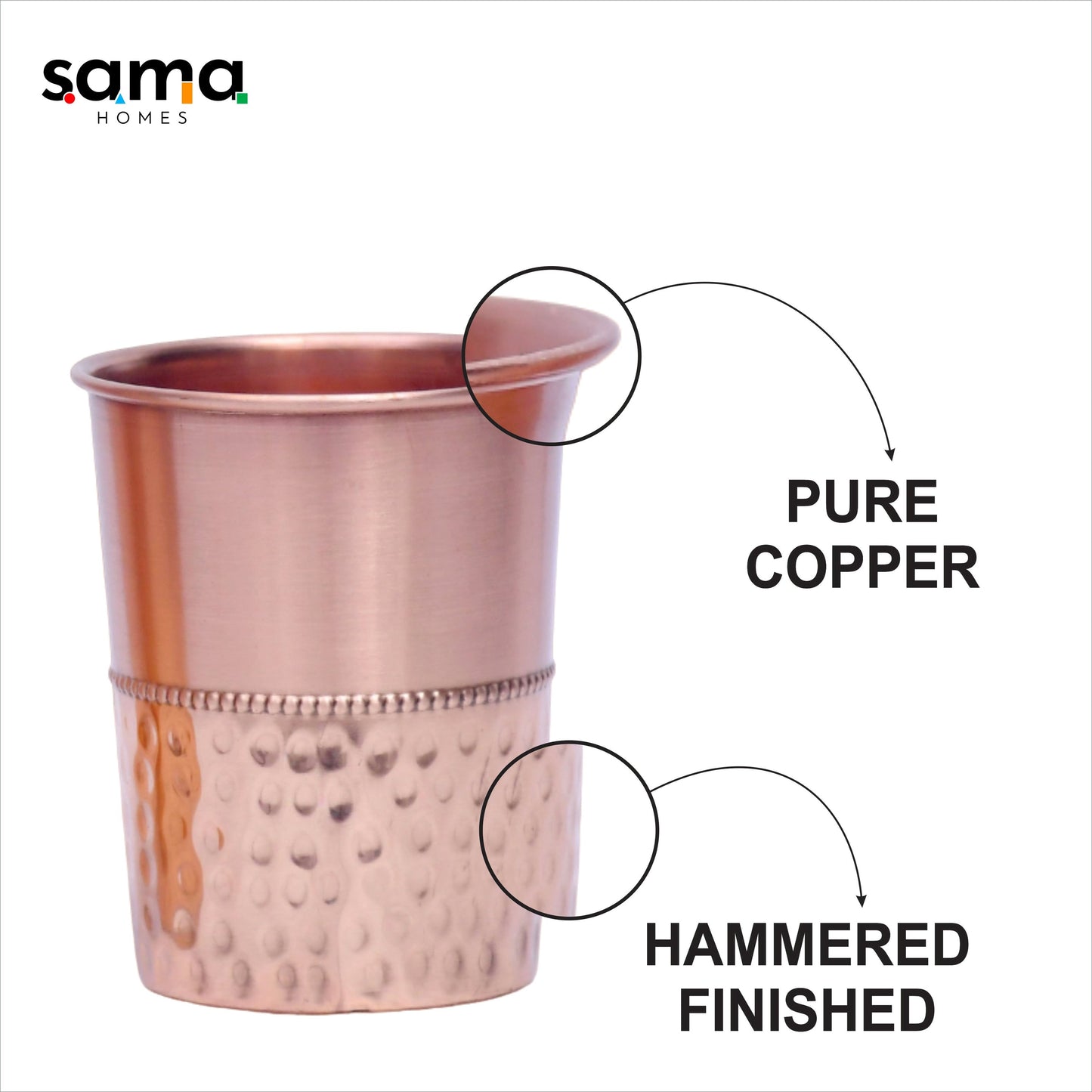 Pure Copper Water Glass Set of 2 Half Hammered Design Tumbler Capacity