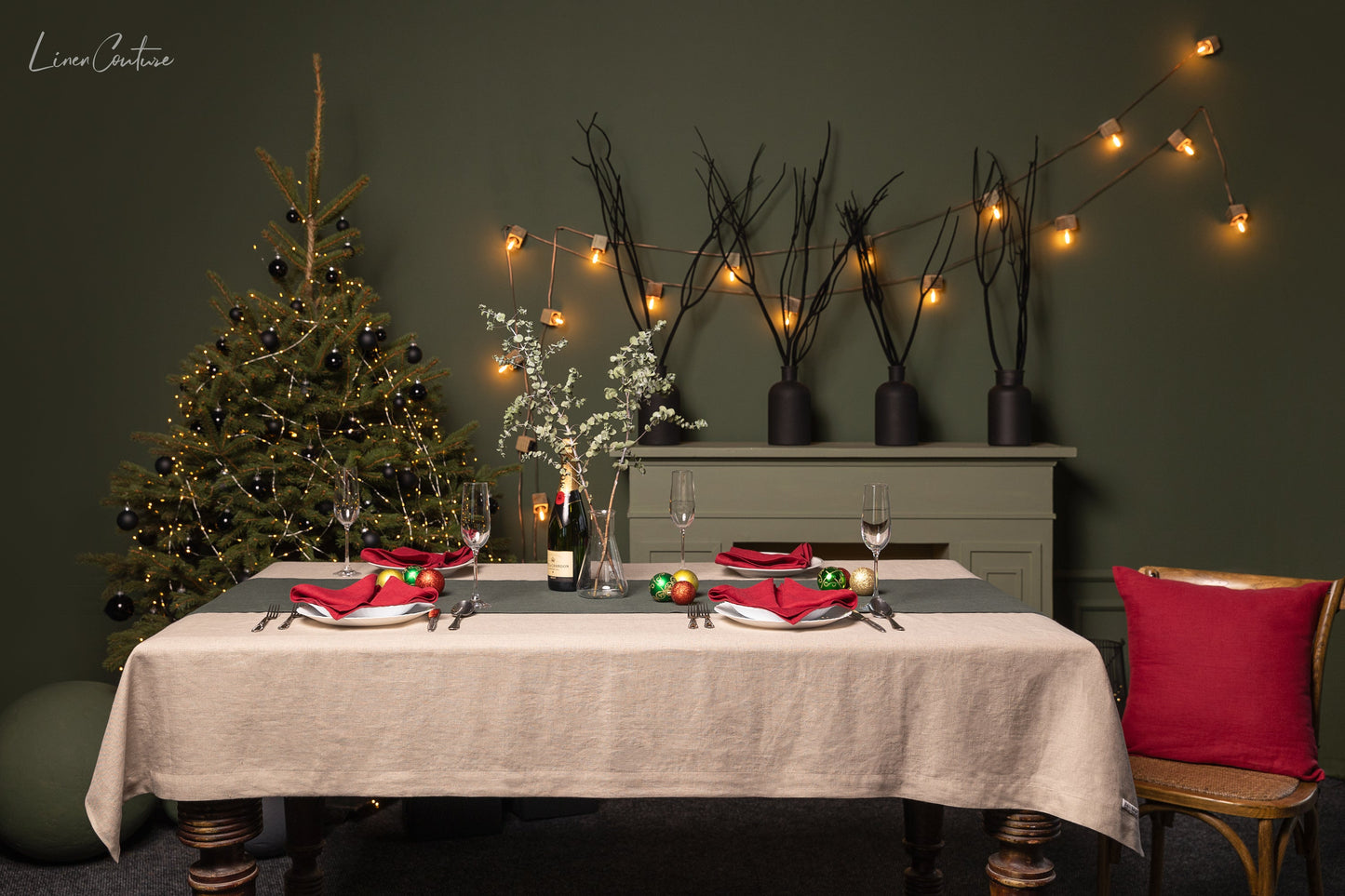 Handmade Natural Linen Christmas Tablecloth for Dining Tables