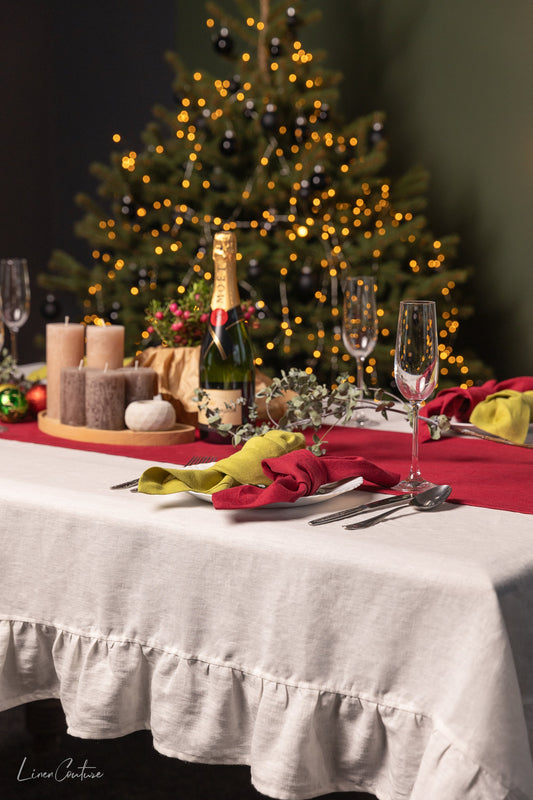 Handmade White Linen Christmas Tablecloth with Ruffles