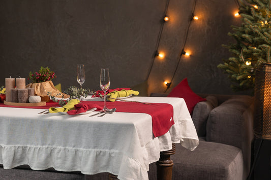 Handmade White Linen Christmas Tablecloth with Ruffles