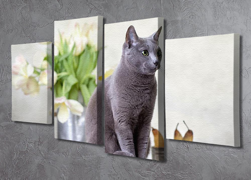 Russian Blue cat sitting on table with pears and tulips 4 Split Panel