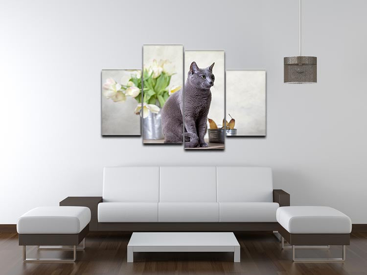 Russian Blue cat sitting on table with pears and tulips 4 Split Panel