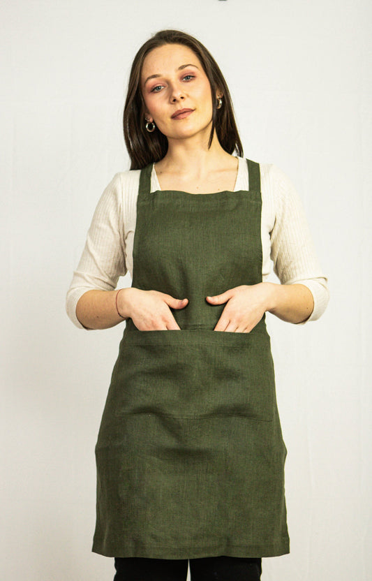 Moss Green linen apron