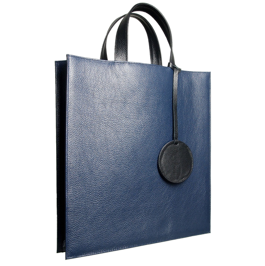Pebbled Leather Briefcase Tote Bag Navy