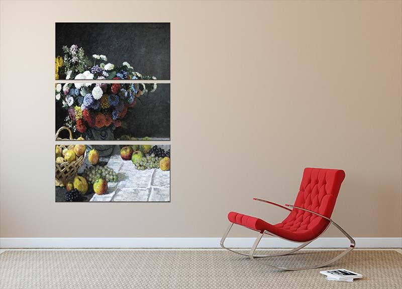 Still Life with Flowers and Fruits by Monet 3 Split Panel Canvas Print