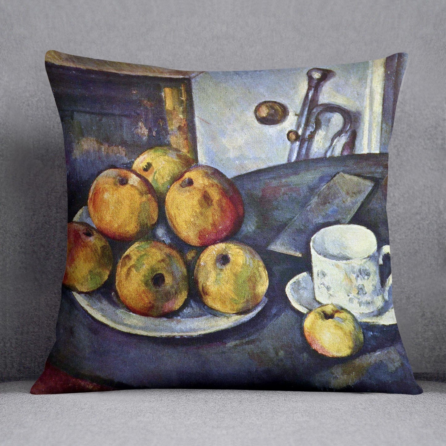 Still life with a bottle and apple cart by Cezanne Cushion