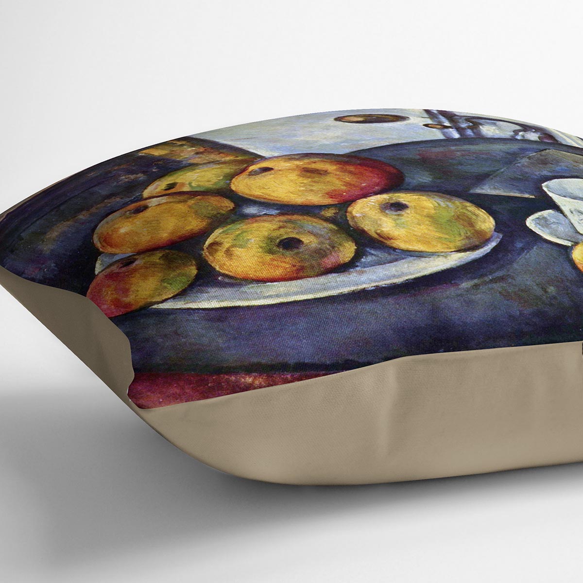 Still life with a bottle and apple cart by Cezanne Cushion