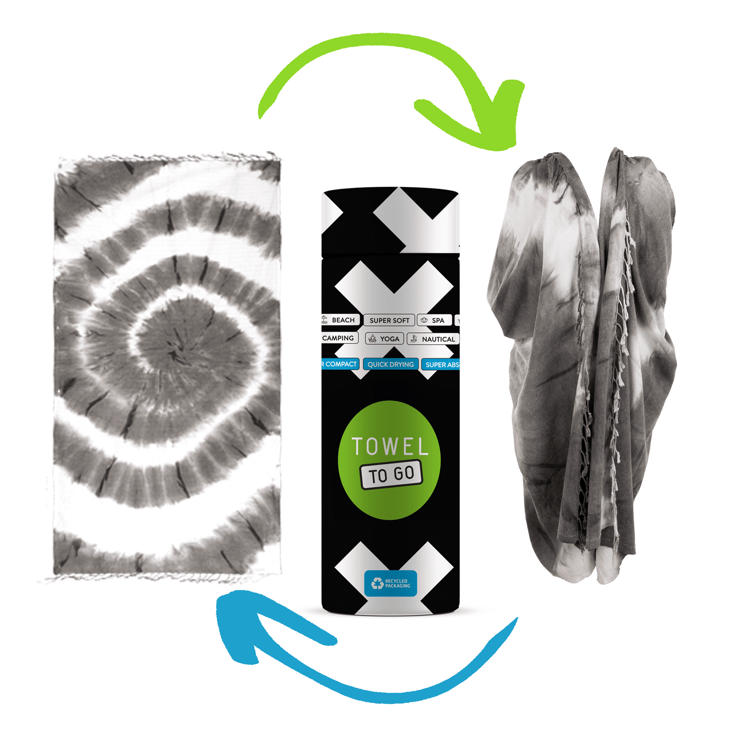 Tie Dye Convertible Towel Kimono with Recycled Gift Box, Black, White