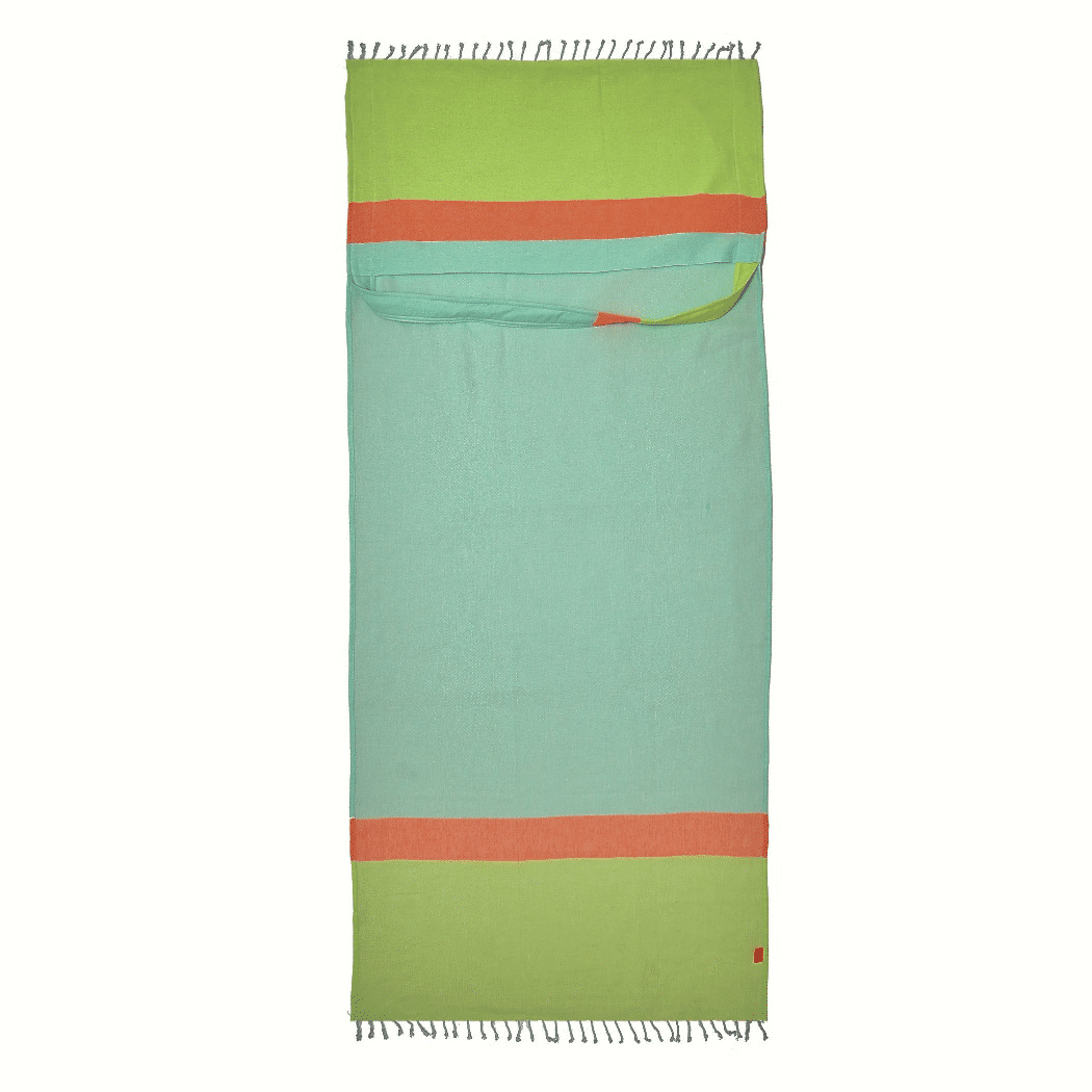 Neon Two-in-One Beach Towel and Bag, Green, Blue, Recycled Cotton with