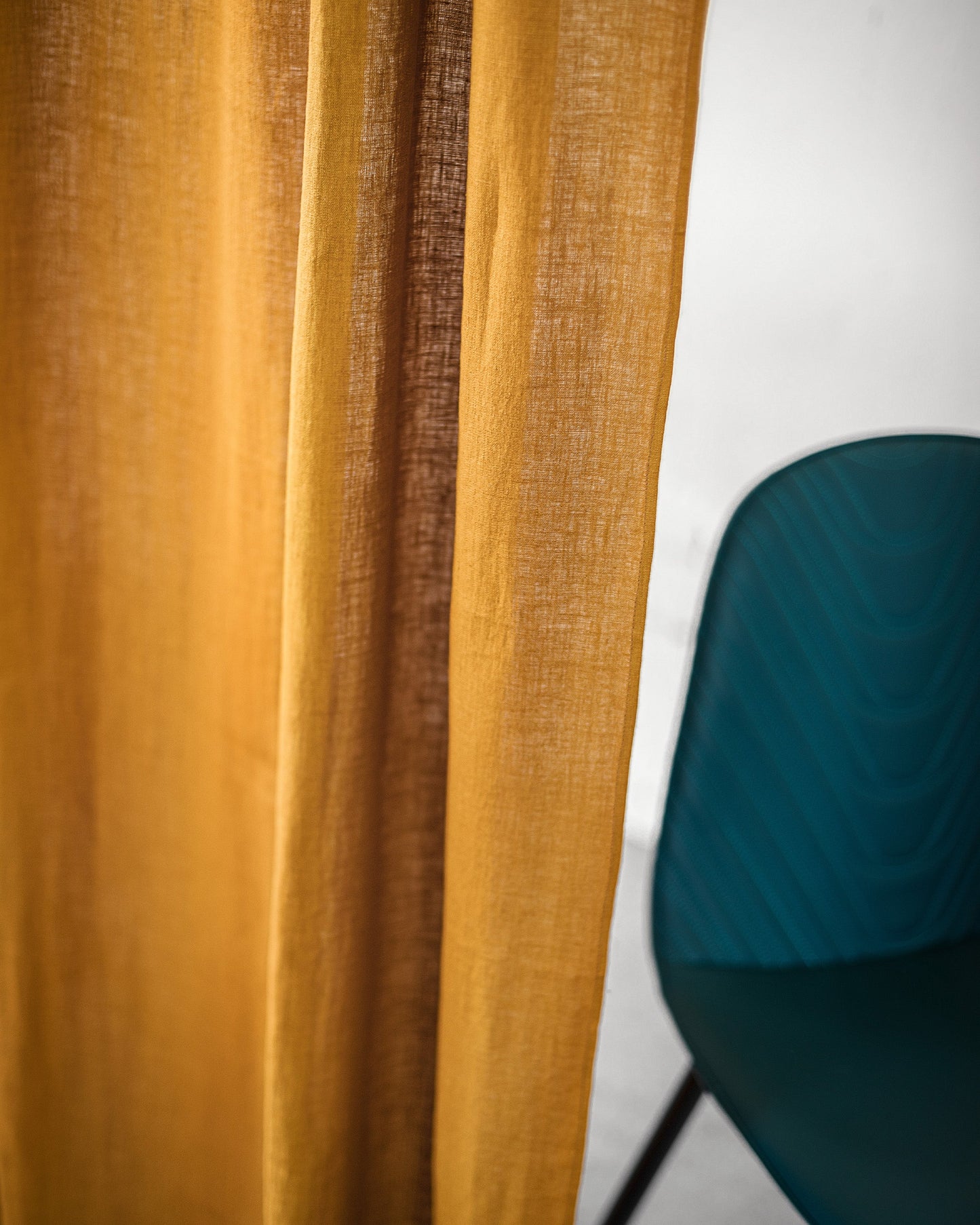 Mustard linen curtain with multifunctional heading tape