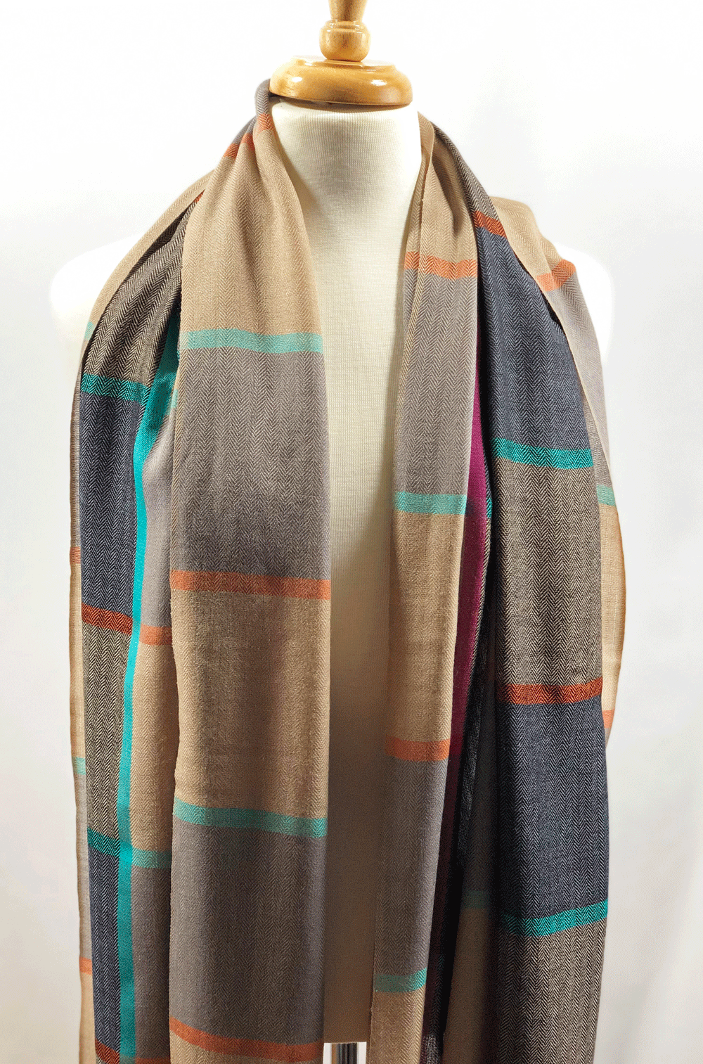 Blue and Beige Classic Wool & Silk Plaid Scarf