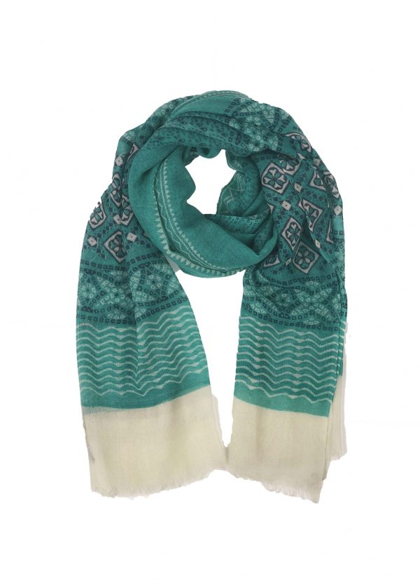 Green Hand Painted Wool And Silk Blend Scarf