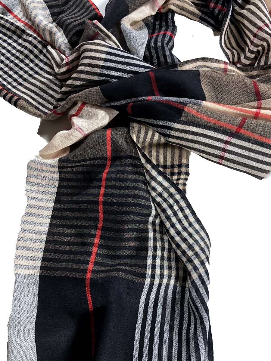 Hand Loomed Black Wool And Silk Check Scarf