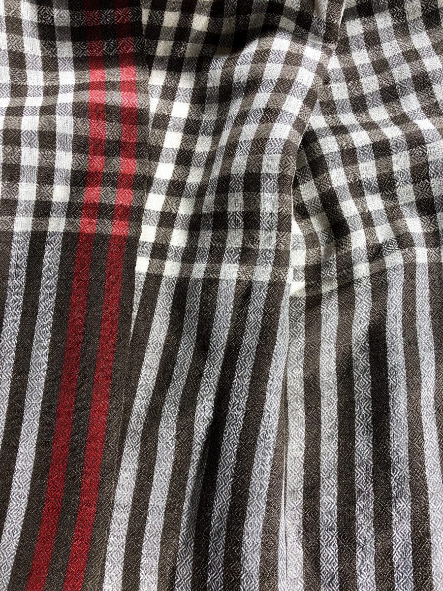 Hand Loomed Brown Wool And Silk Blend  Check Scarf