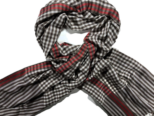 Hand Loomed Brown Wool And Silk Blend  Check Scarf