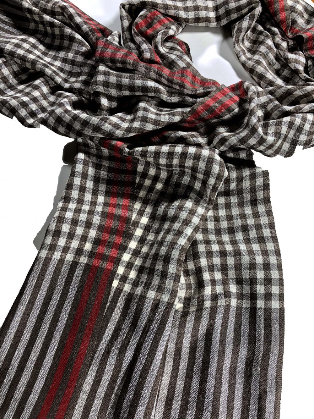 Hand Loomed Brown Wool And Silk Blend  Check Scarf