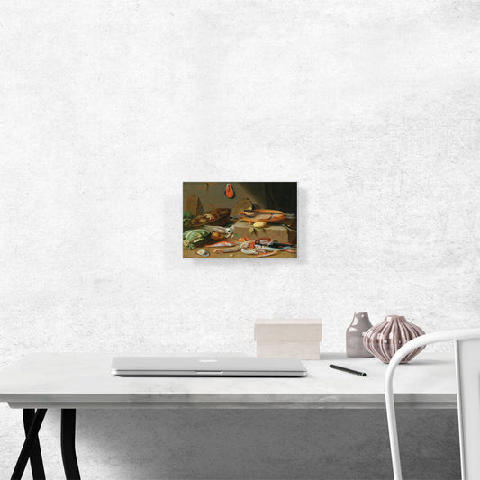 A Kitchen Still Life With Fish Vegetables And a Cat