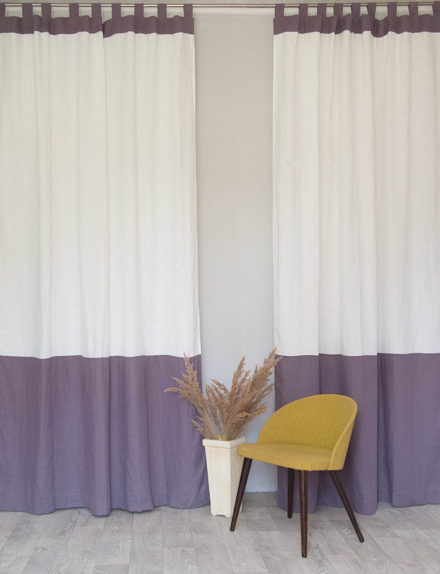 White and Pastel Plum linen curtains with tabs, two tones