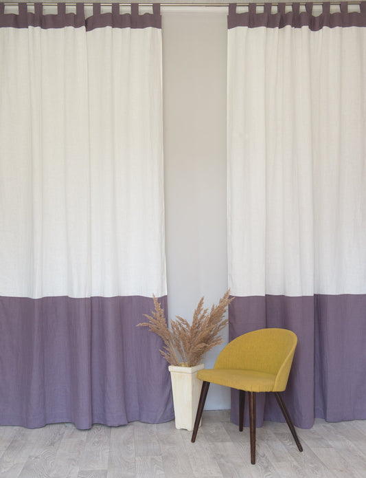 White and Pastel Plum linen curtains with tabs, two tones