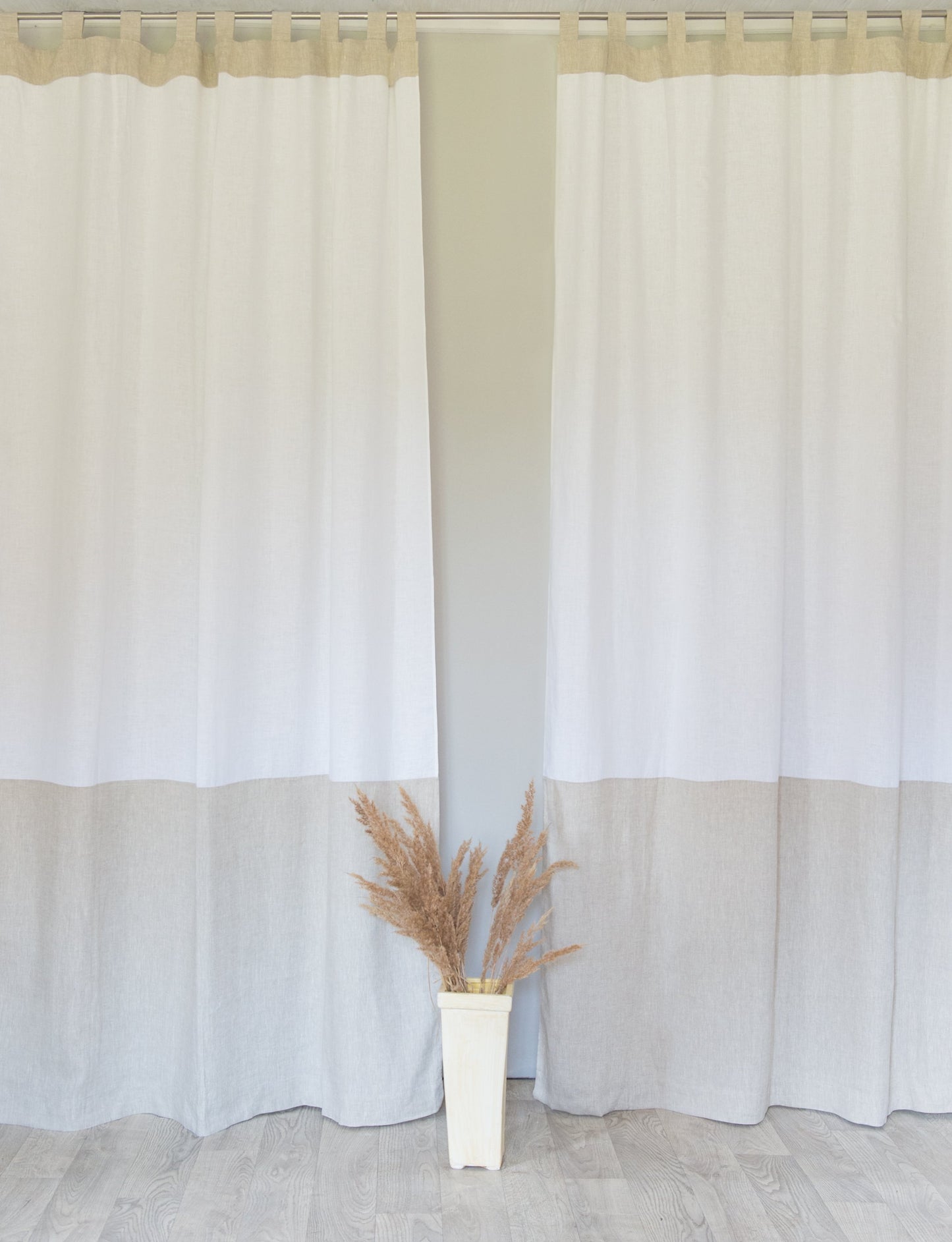 White and Pastel Plum linen curtains with tabs, two tones