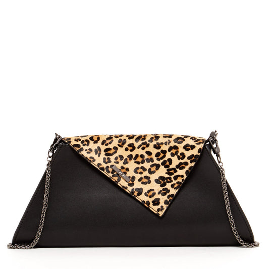 SUSU Black Leather Clutch Bag Leopard Unique Evening Purse Women's