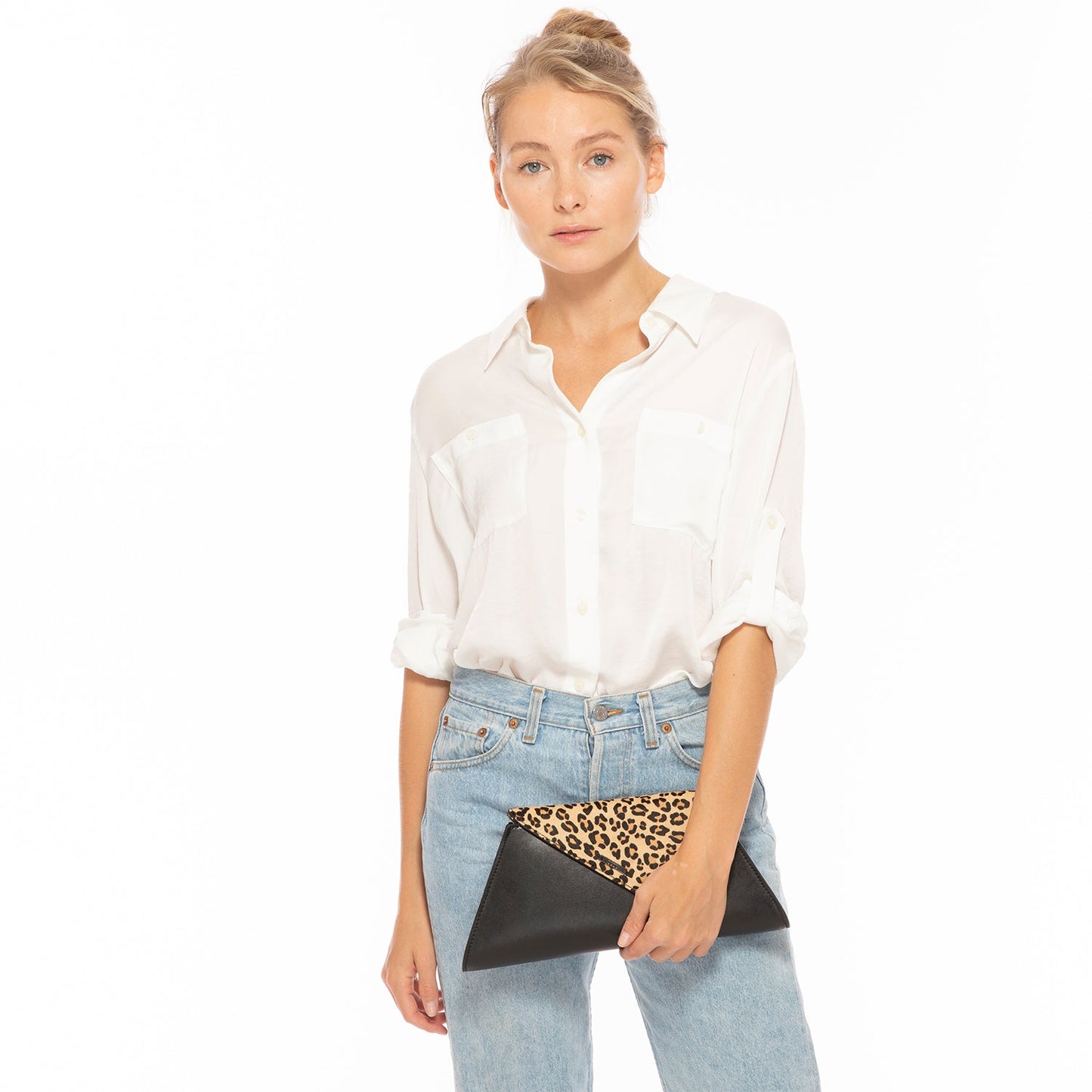 SUSU Black Leather Clutch Bag Leopard Unique Evening Purse Women's