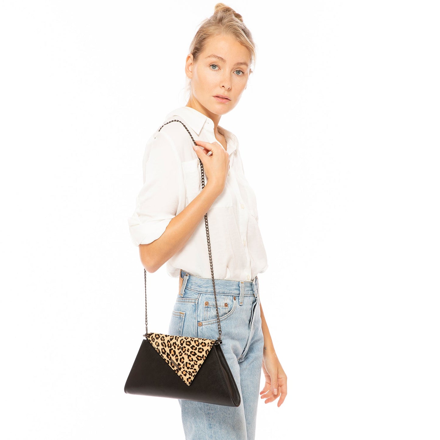 SUSU Black Leather Clutch Bag Leopard Unique Evening Purse Women's