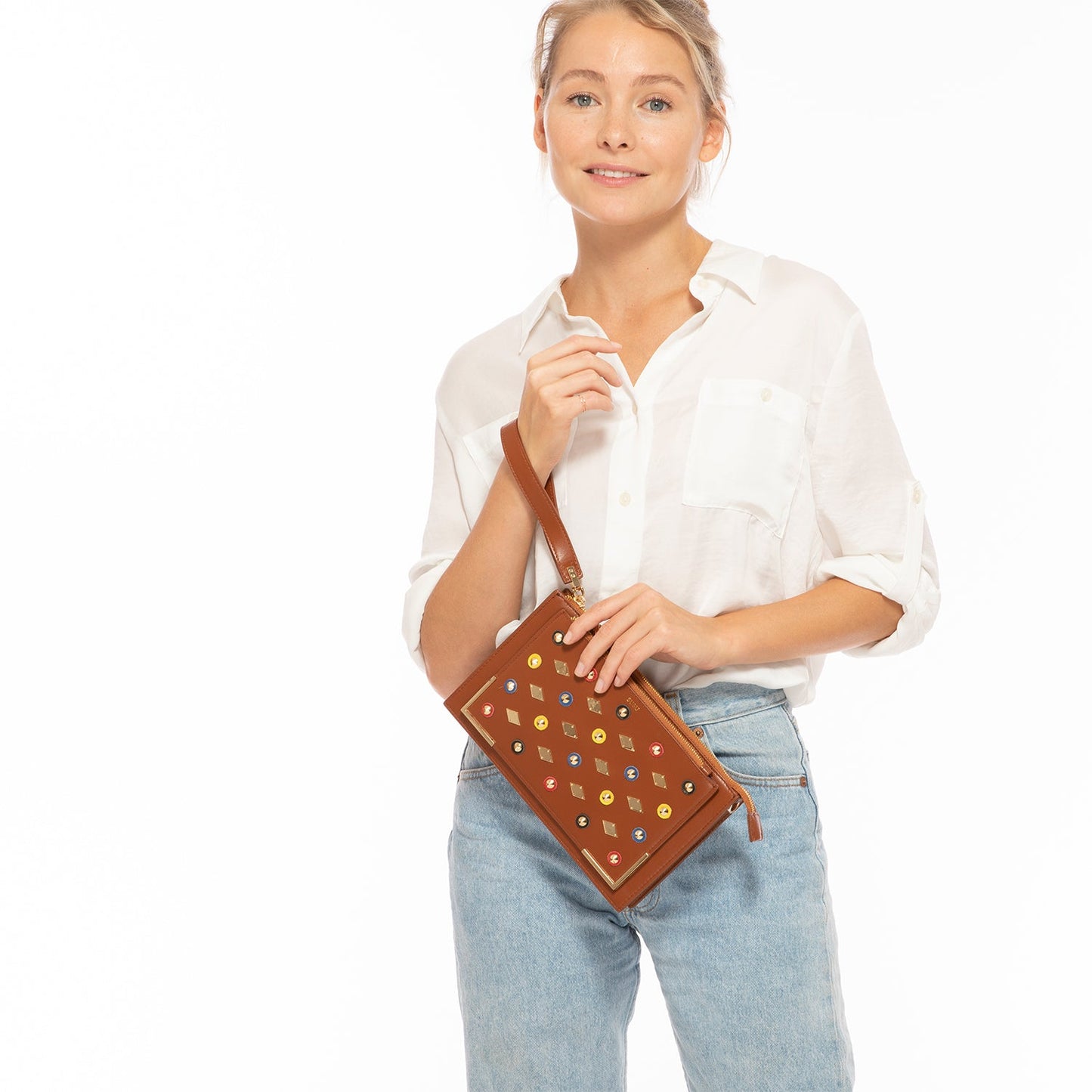 Studded Crossbody Brown Clutch
