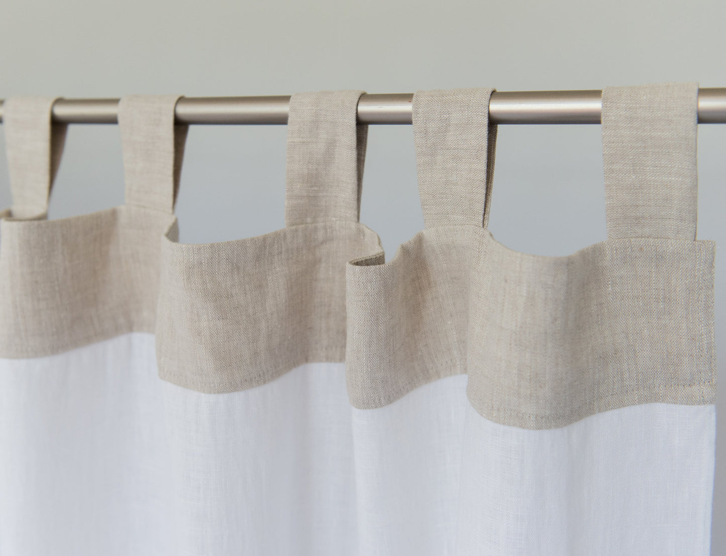 White and Natural Light linen curtains with tabs, two tones