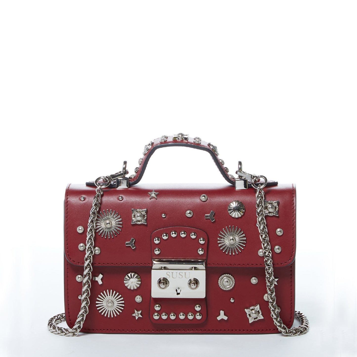 SUSU Studded Small Leather Crossbody Bag Burgundy Purse  Women's
