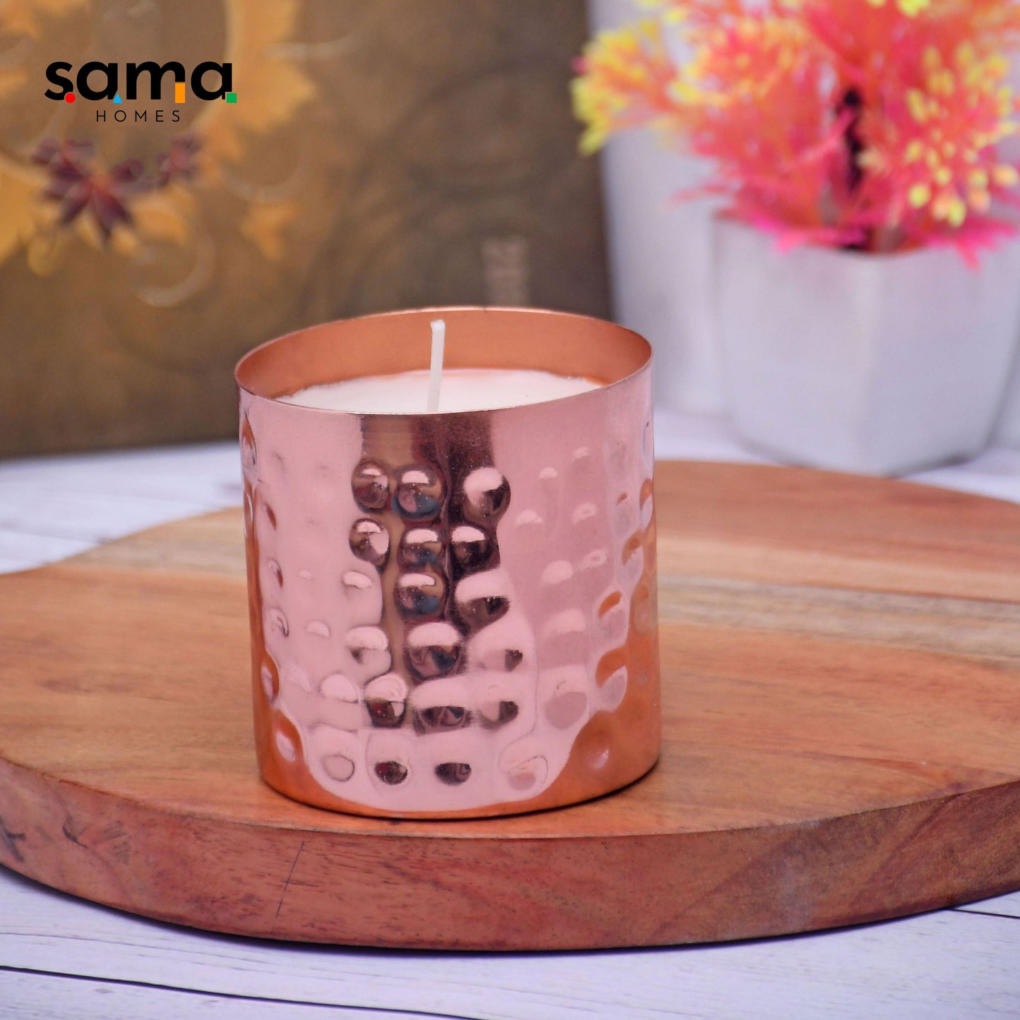 Copper Finish Hammered Straight Votive with Soy Wax Candle French
