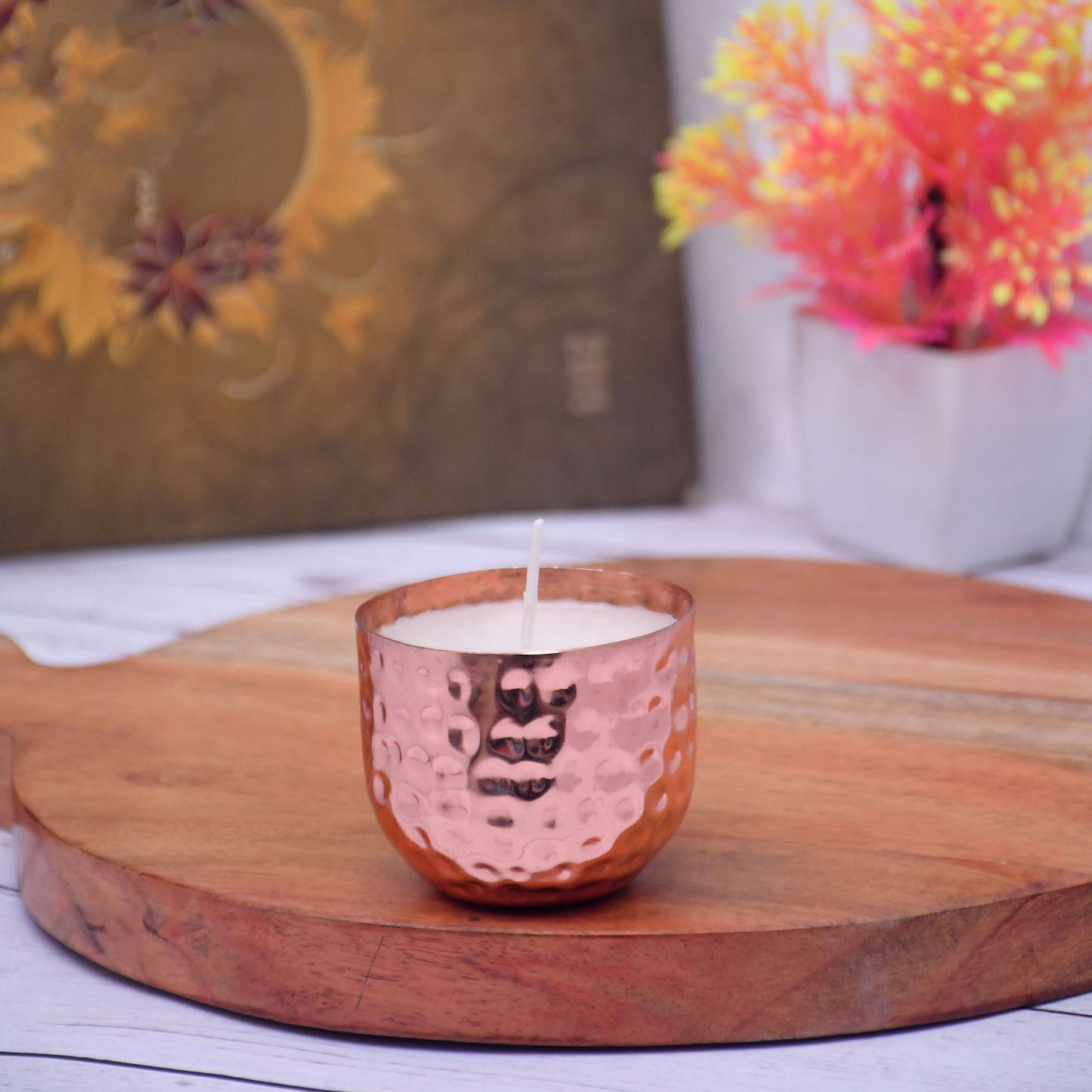 Copper Finish with Tumbler Designed Hammered Votive Metal Pot with Soy