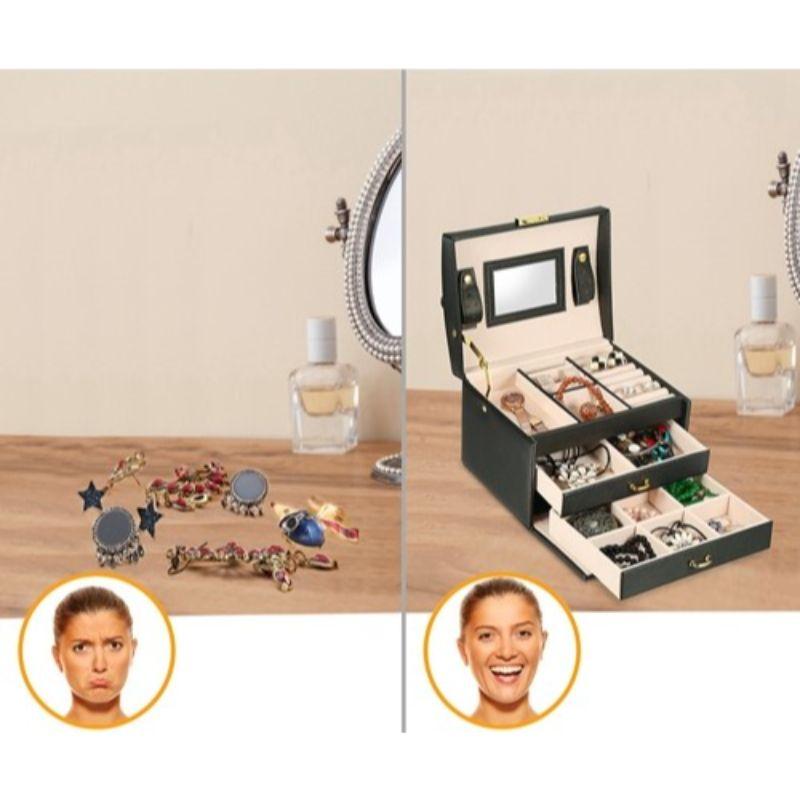 3 Tier Travel Friendly Jewelry Box with Lock  Mirror  Vegan Leather