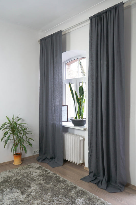 Grey linen curtain with rod pocket