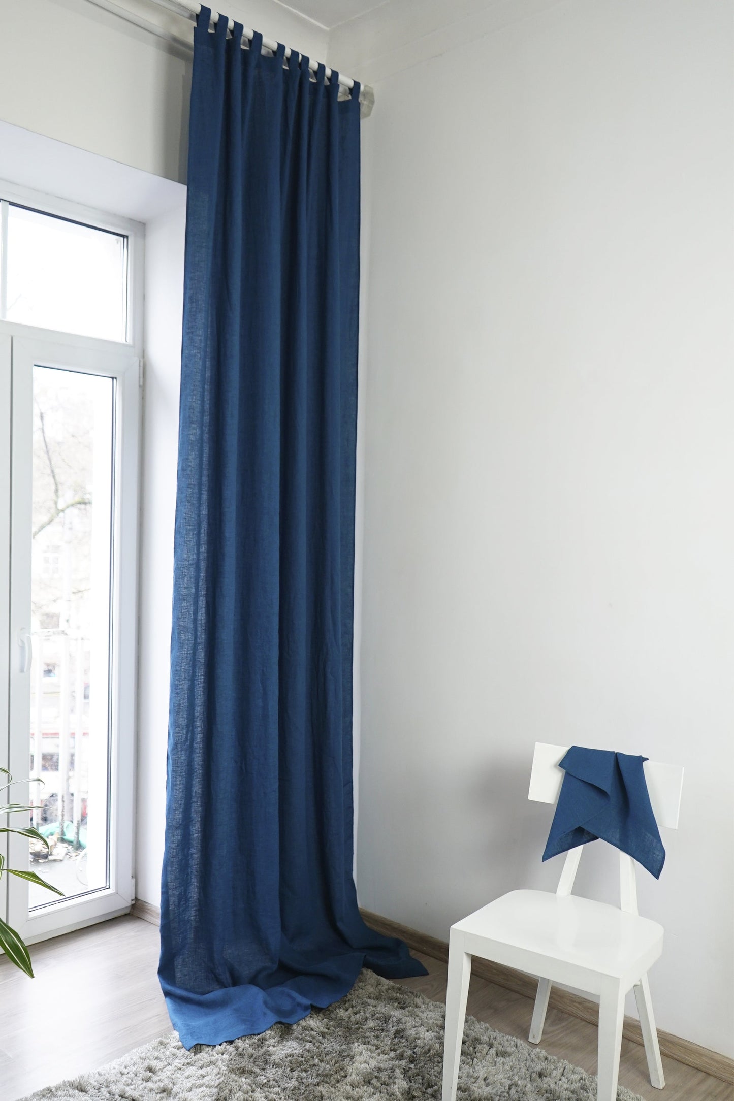 Night Blue linen curtain with tabs