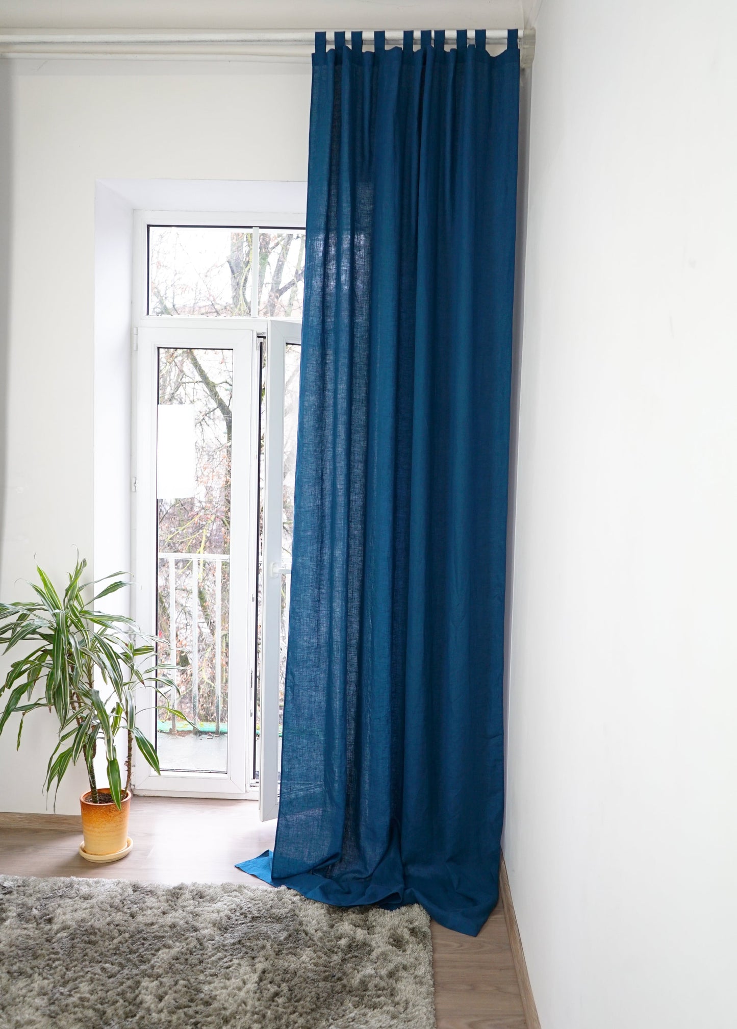 Night Blue linen curtain with tabs