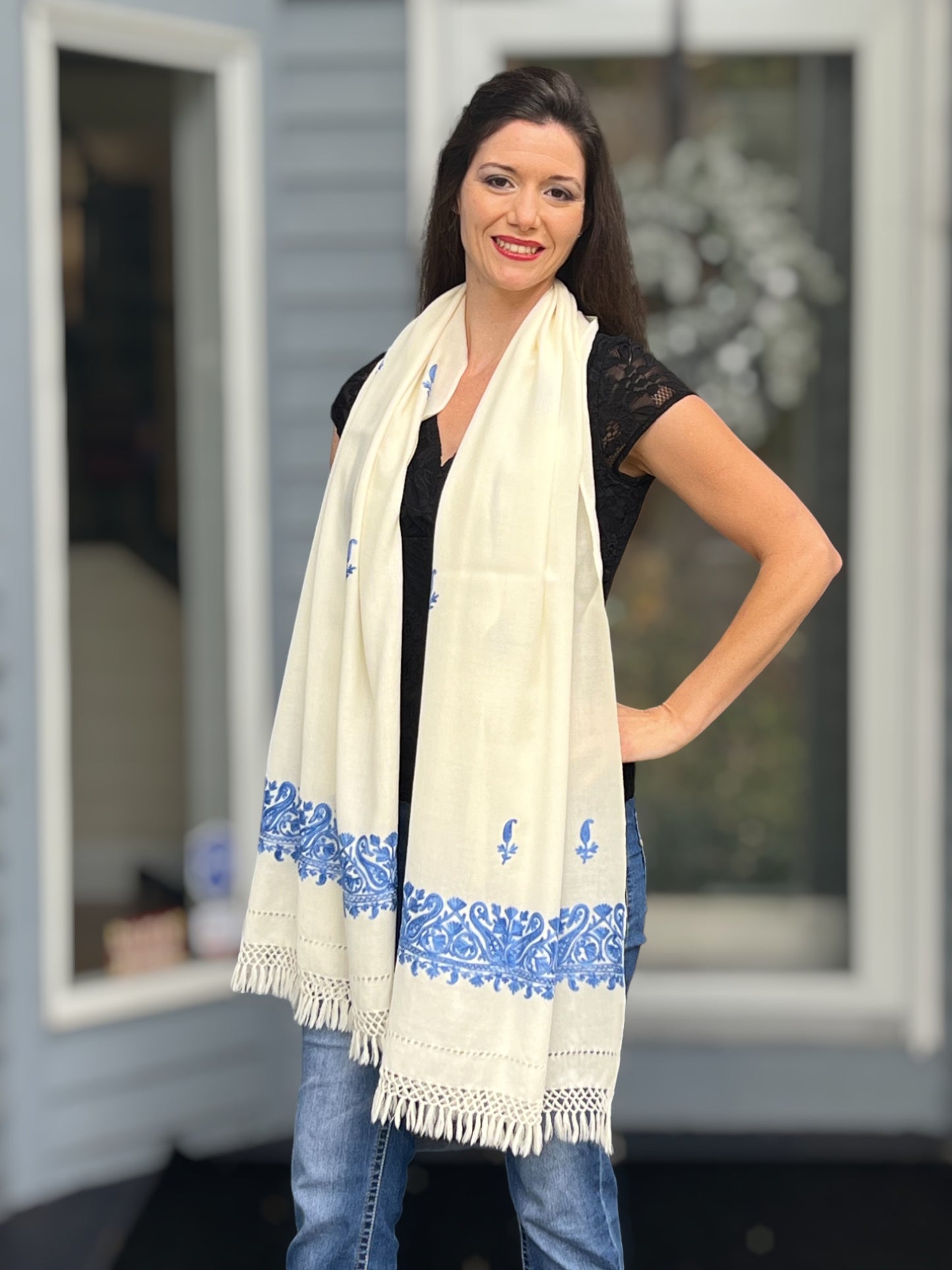 Sapphire and Ivory Embroidered Wool Wrap